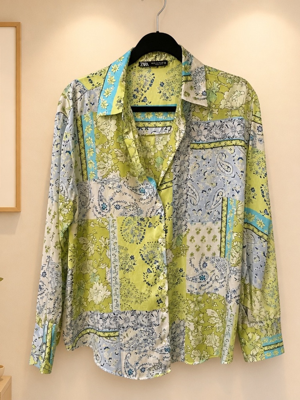 Zara Lime Green and Light Blue Patchwork Satin Button-Down Shirt